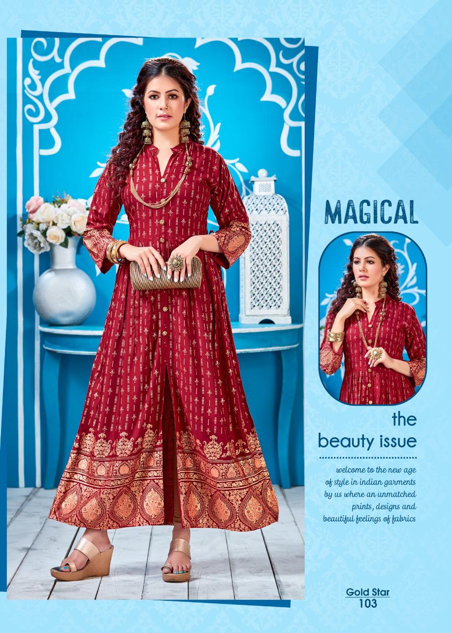 Ft Gold Star Latest Designer Party Wear rayon Long Printed Kurtis Collection
